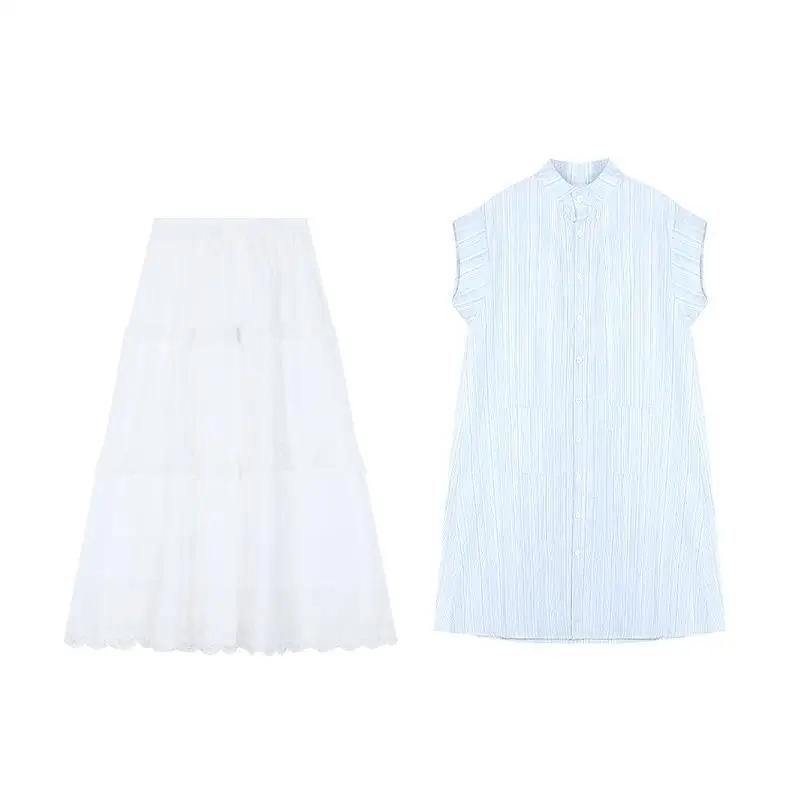 Summer Blue Shirt Dress Women's Loose Casual Gentle Style Long Skirt Two-Piece Set Layering Clothing Female Fashion