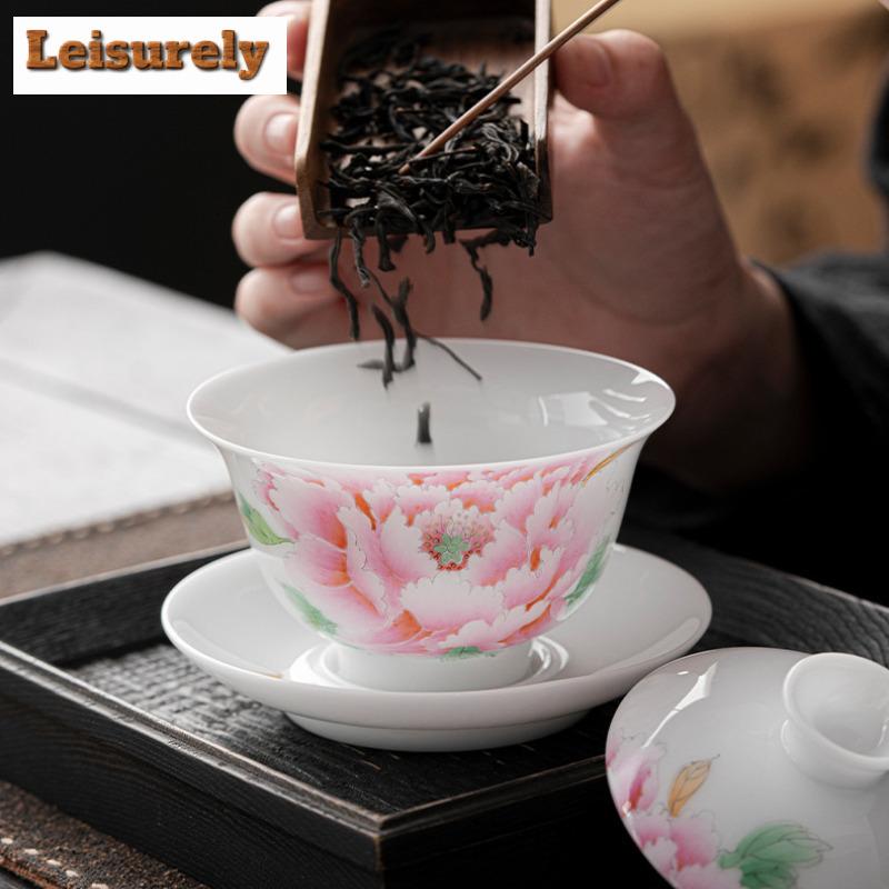135ml Chinese Hand-painted Peony Gaiwan Elegant White Jade Mud Porcelain Tea Tureen Tea Brewing Cover Bowl Tea Services Gifts