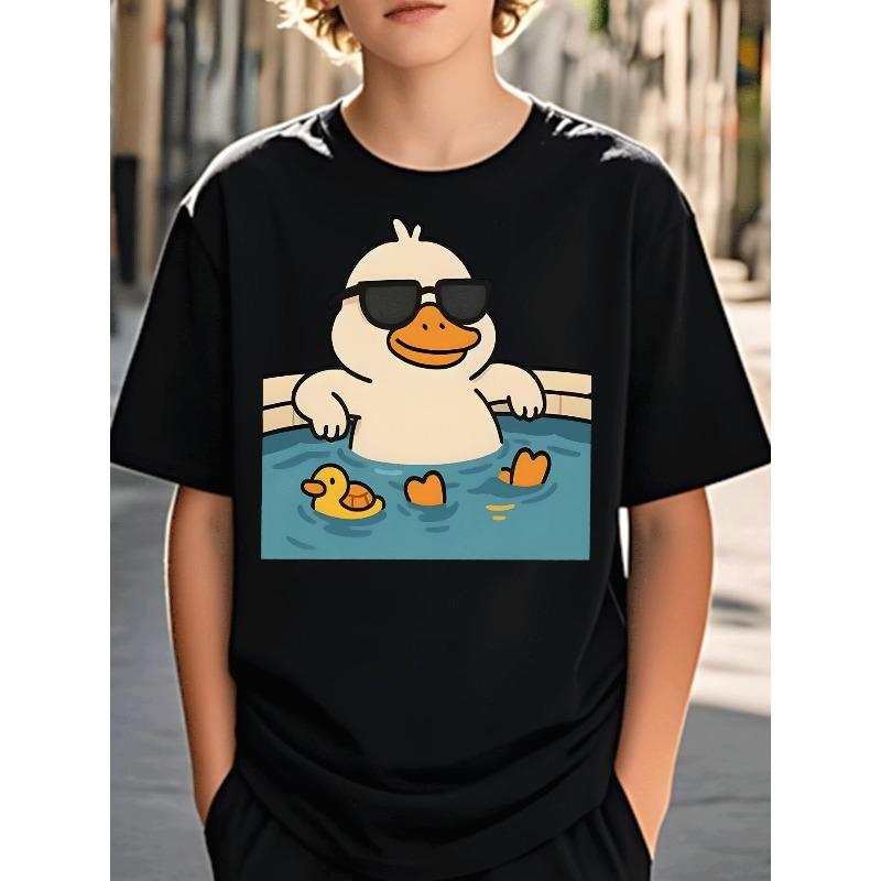 Boys Crewneck Tee, Trendy Rubber Duck With Sunglasses Pool Cartoon Print Street Style Casual Kids Top