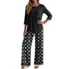 Women's Casual Fashion Round Neck Loose Fit Printed Three Quarter Sleeve Top with Wide Leg Pants Set Comfortable Lounge Wear