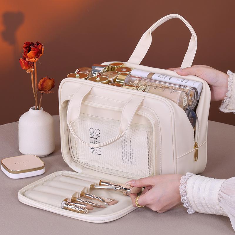 Luxury Large-Capacity Travel Cosmetic Bag with Partitioned Storage and Patch Pockets