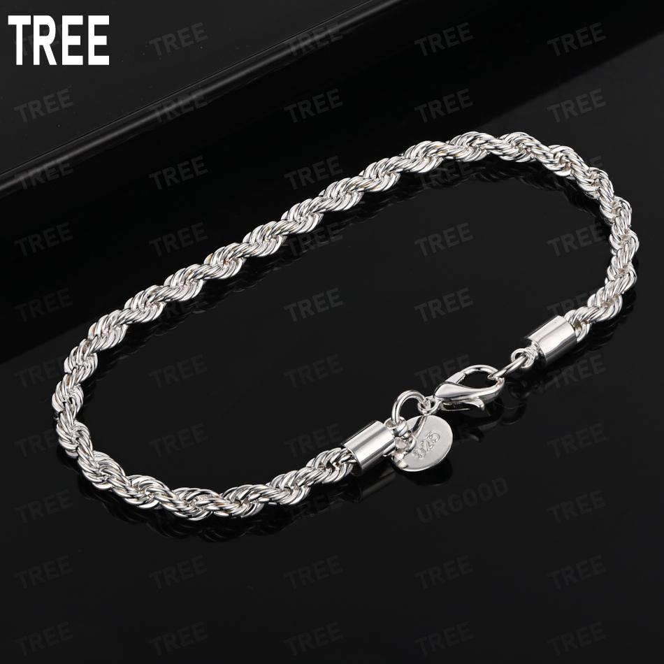 925 Sterling Silver 4mm Twisted Side Chain Exquisite Bracelet Gift Jewelry