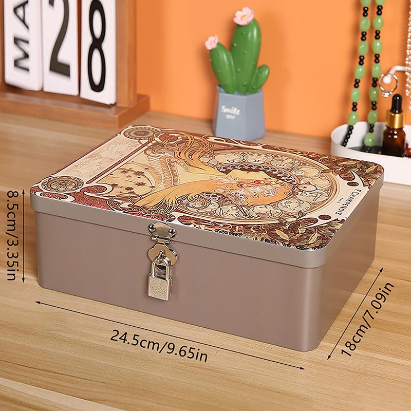 Vintage Large Capacity Tinplate Box With Lock Key Desktop Storage Case Metal Box Jewelry Storage Empty Box