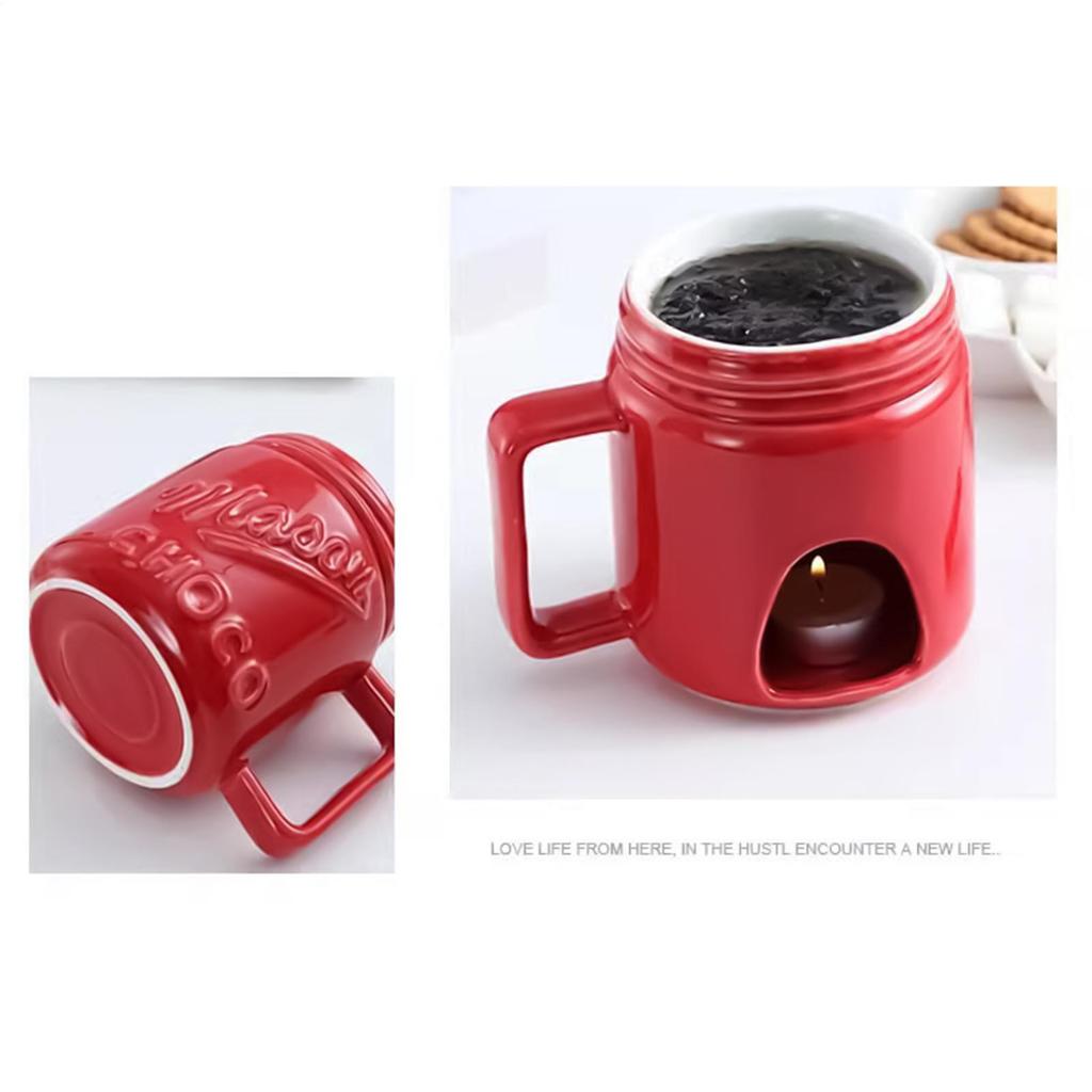 200ml Chocolate Fondue Cup With Fork Ceramic Mug Embossed Design Hot Melt Cup Chocolate Melting Cup For Butter Cheese