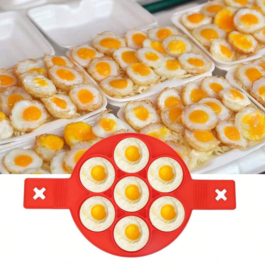 7-Mulden Silikon Pfannkuchen- & Eierringform - Antihaft Runde Backform für Frühstückssandwiches und Omeletts  (rot)