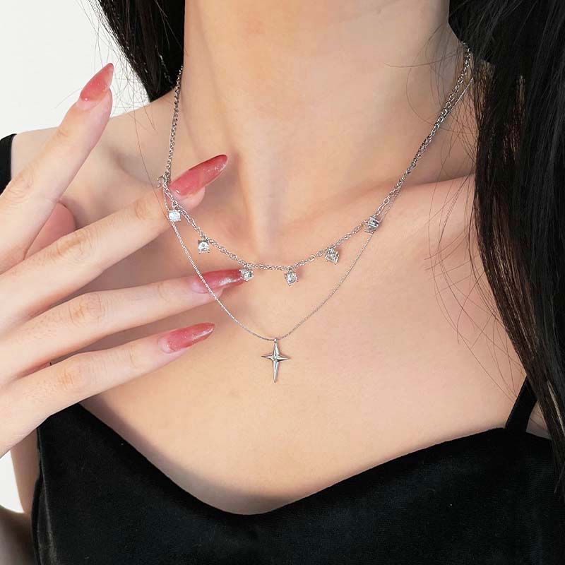 Romantic Bilayer Asterism Pendant Necklace for Women Sparkling Rhinestones Star Heart Bead Choker Y2K Accessories Fine Jewelry