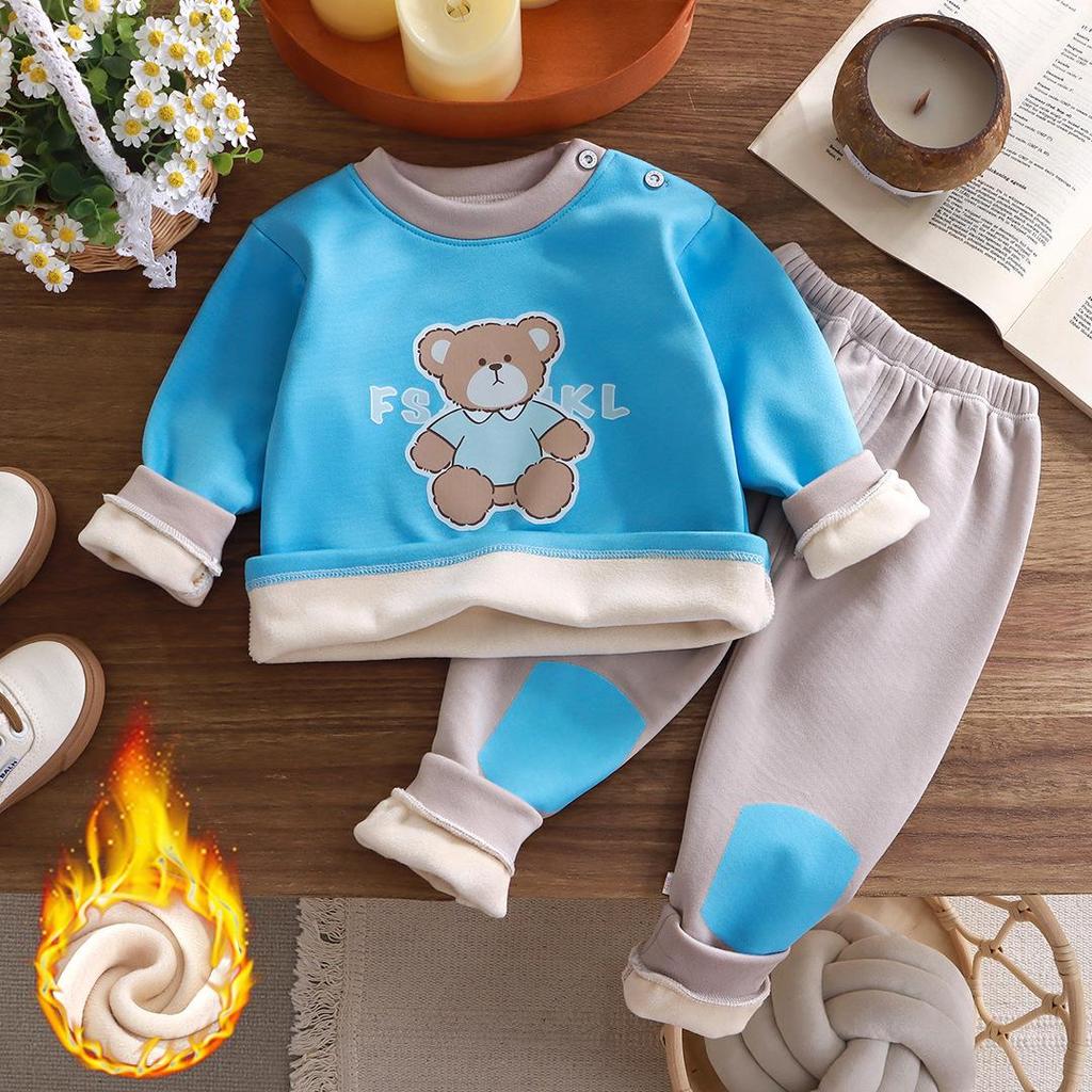 Ropa de invierno para niños, conjunto de ropa interior térmica, además de terciopelo, ropa gruesa para bebés y niñas, traje de pijama para niños