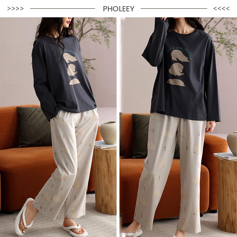 PHOLEEY Cotton Pajama Long Top and Cute Loose Perfect for Spring and Autumn Women's 100% Set, Sleeve, Bottoms, Pattern, Fit,