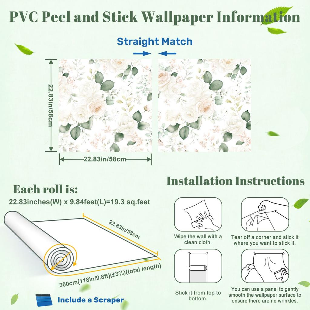 Watercolor White Roses Wallpaper 22.83"X118" Waterproof Wallpaper for Living Room/Bedroom/Bathroom PVC Wall Sticker