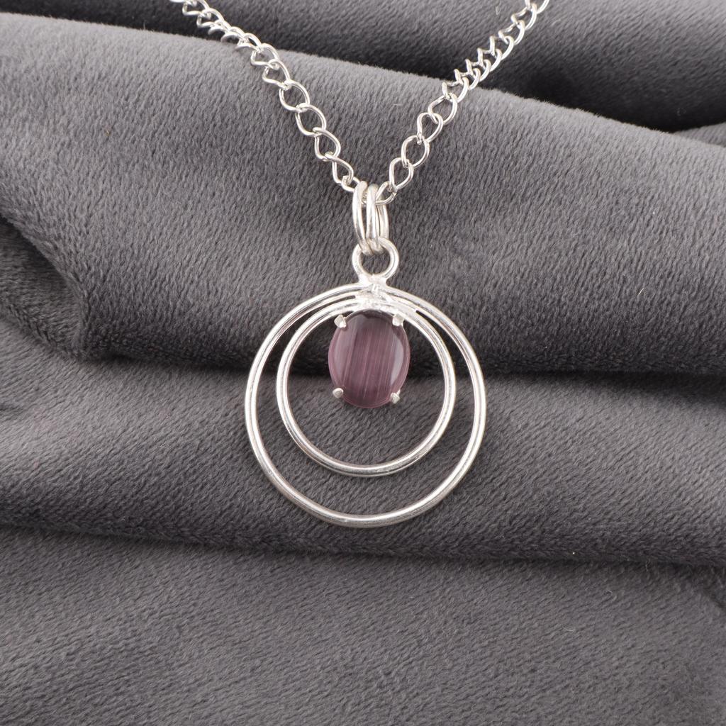 Fioletowy Kamień Kocie Oko Srebro Próby 925 Wisiorek, Ręcznie Robiona Srebrna Biżuteria, Wspaniała Biżuteria z Kamieniem Kocie Oko Na Prezent