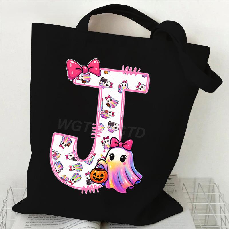 Halloween personalized print student canvas bag tutoring bag 26 letters fashion shoulder bag women large capacity