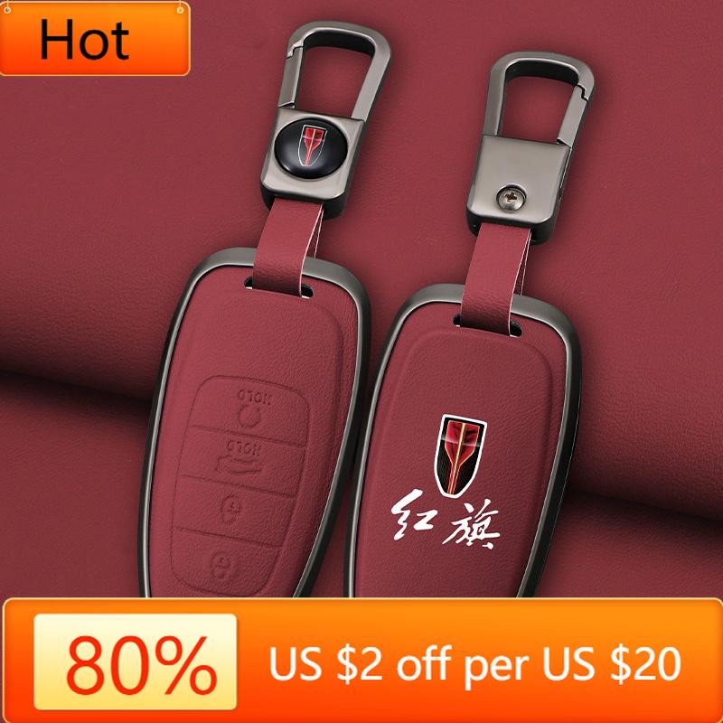 Moulures Intérieures Coque de Protection pour Clé Intelligente de Voiture Pour FAW Hongqi H5 E-HS9 H9 HS9 HS5 HS7 2020 2021 Alliage de Zinc Nouveau Cuir Auto K