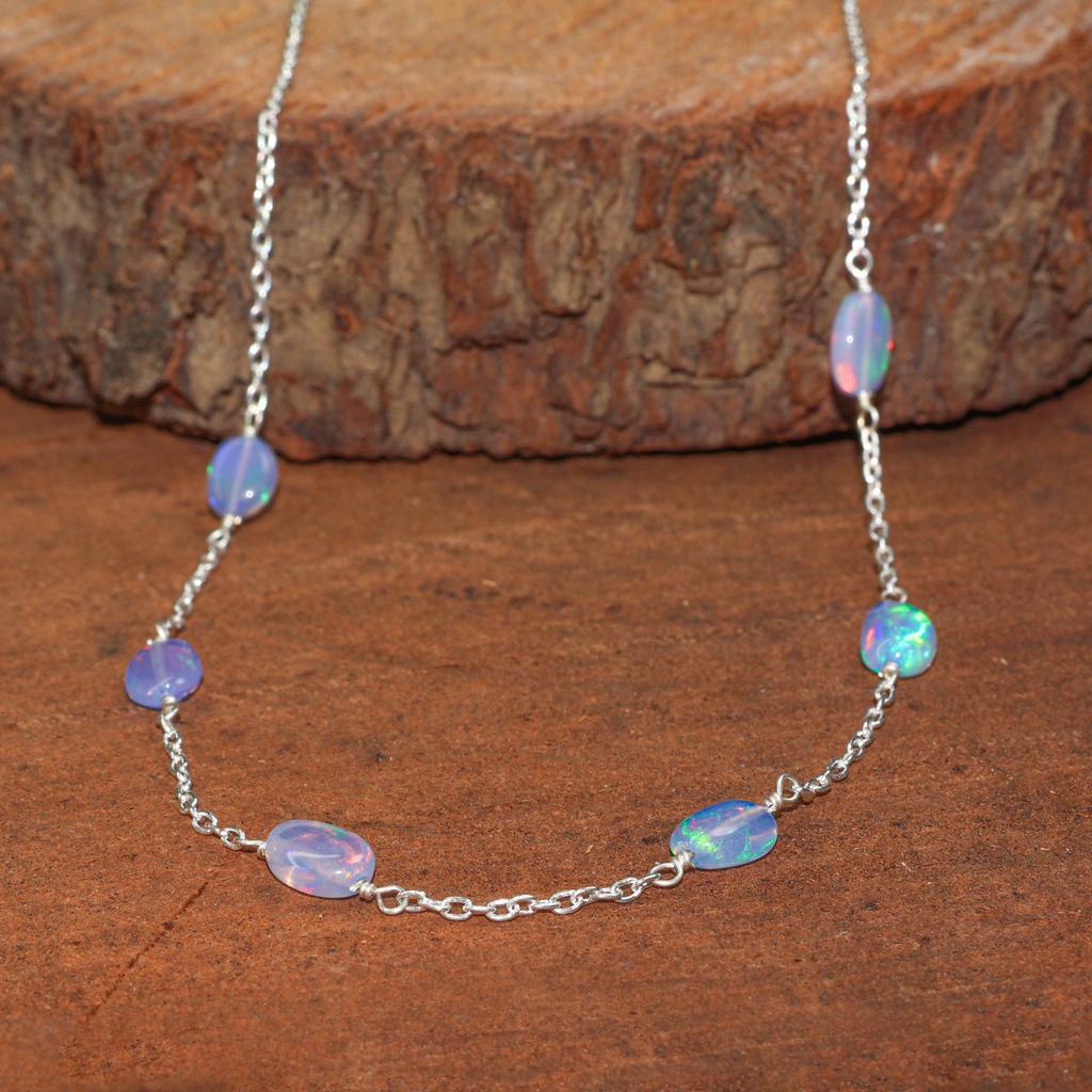 Multifire Lavender Opal Tumble Beads Chain Necklace, Genuine Ethiopian Opal Chain Necklace, Opal Delicate Jewelry for Women, Birthstone Gift