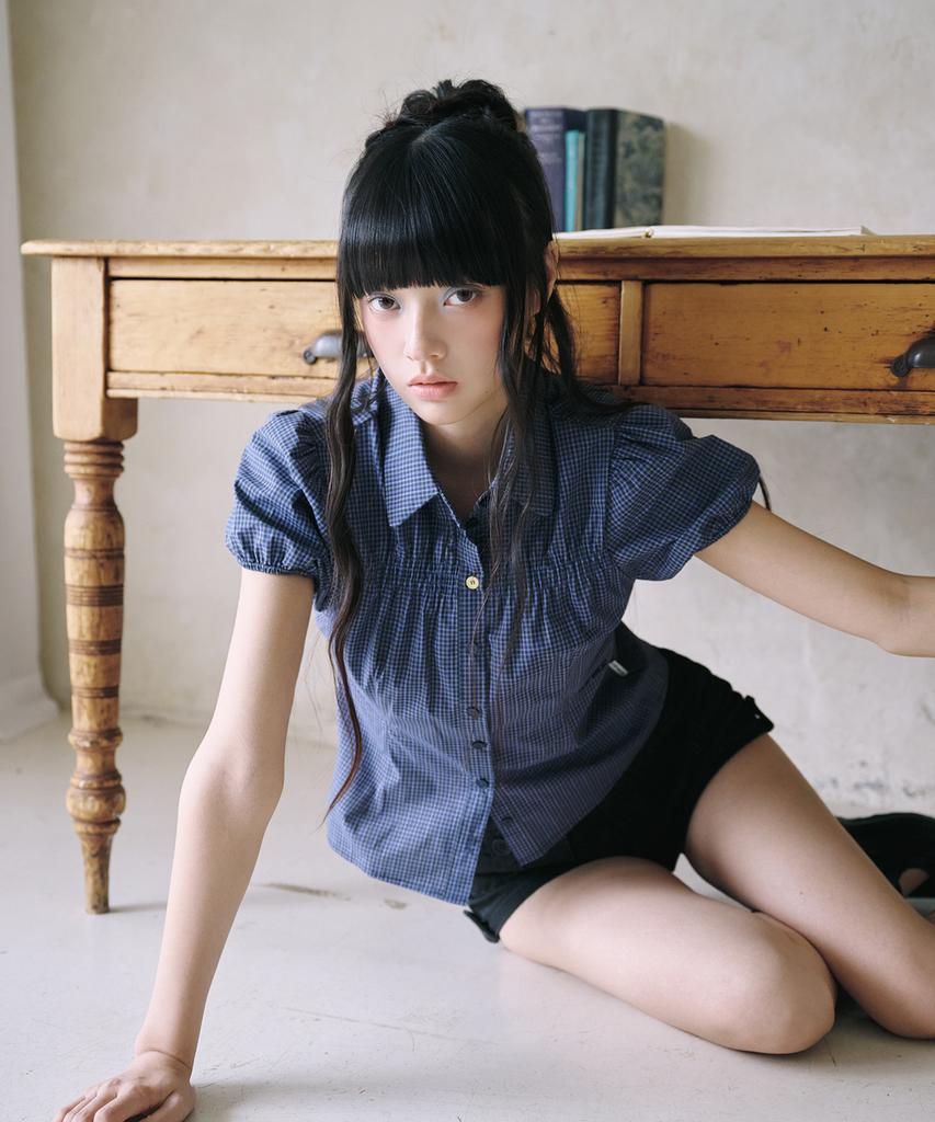 Mileko Mini Check Shirring Shirt Navy