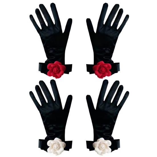 Damskie aksamitne rękawiczki Retro czarne rękawiczki z kwiatami na nadgarstku Błyszczące rękawiczki ślubne w stylu vintage na wesela bankiety przyjęcia koktajlowe