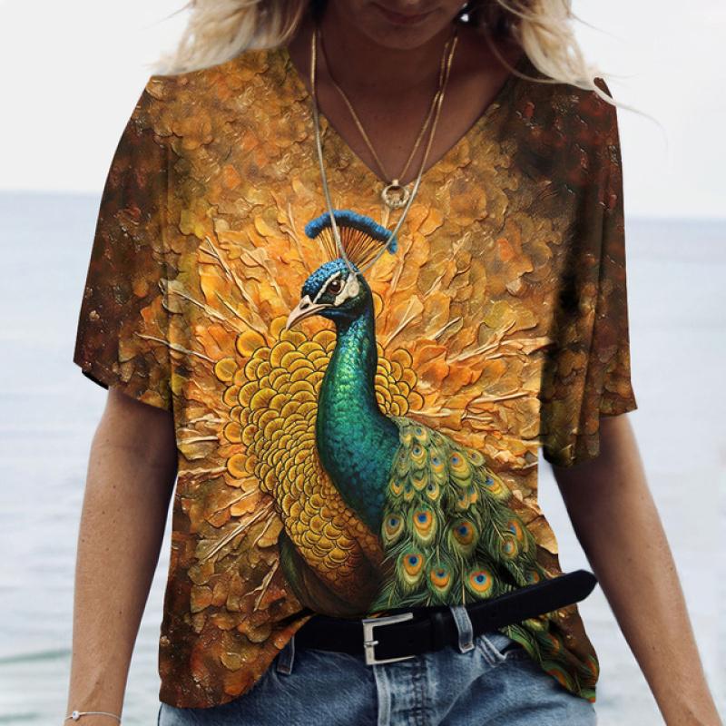 Women's V-Neck T-Shirt Peacock 3D Print Casual Fashion Summer Pullover Short Sleeve Harajuku Oversized Tops Tees For Ladies