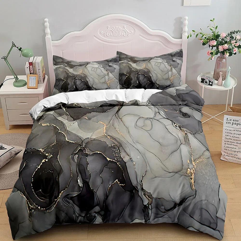 Marble Bedding Set King_Queen Size,Grey Gold Marble Duvet Cover Men Adults Modern Abstract Art Tie Dye Gothic Soft Quilt Cover