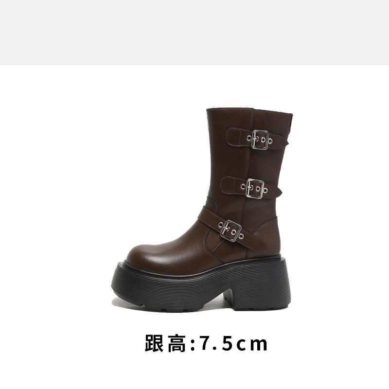 Height-increasing Thick-soled and Thin Medium Boots Women's 2025 Spring New Belt Buckle Fashion Boots Leather High-heeled Niche Short Boots