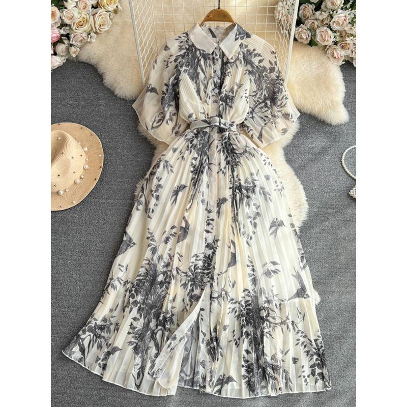 Vintage Single-Breasted A- line Pleated Dress Short Sleeve