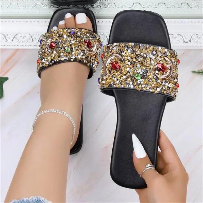 Fashion Lady Slippers Summer New Fashion Open Toed  Roman Shoes for Women Rhinestones Sexy Flat Flip Flops Slides Zapatos Mujer