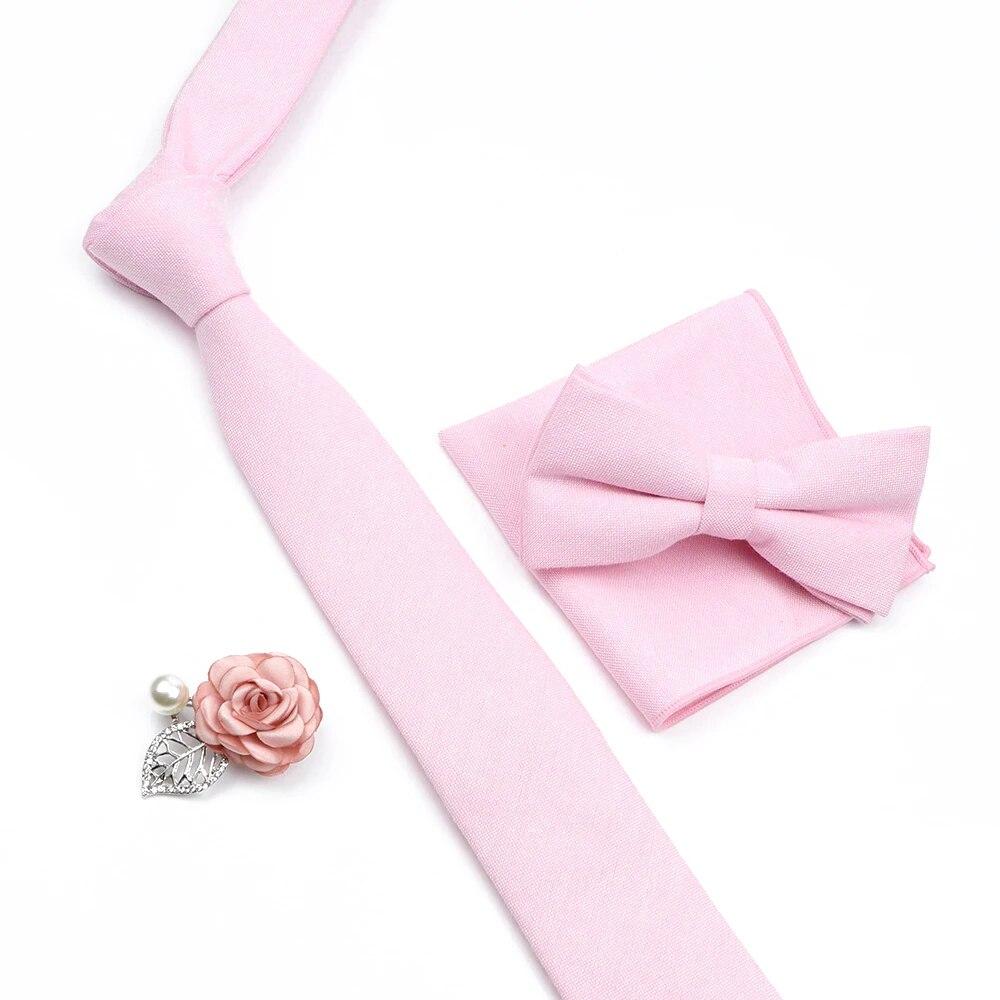 Solid Color Cotton Necktie Set For Men Tie 4pcs Hanky Cufflinks Rhinestone FLoral Brooch Tie Set