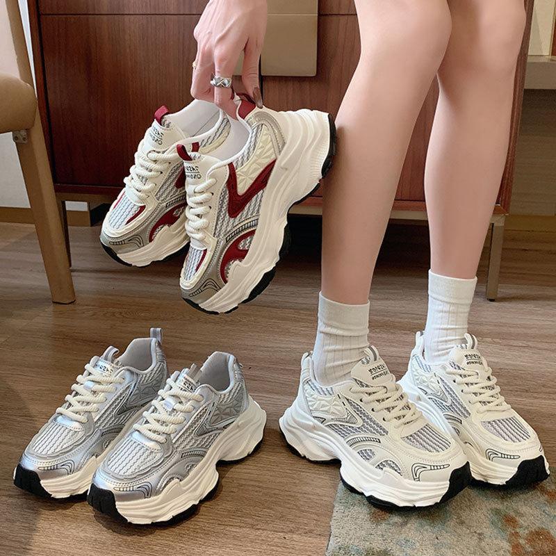 Popular fried street thick-soled breathable silver sneakers 2025 spring and autumn new dad shoes women's height increase versatile casual shoes