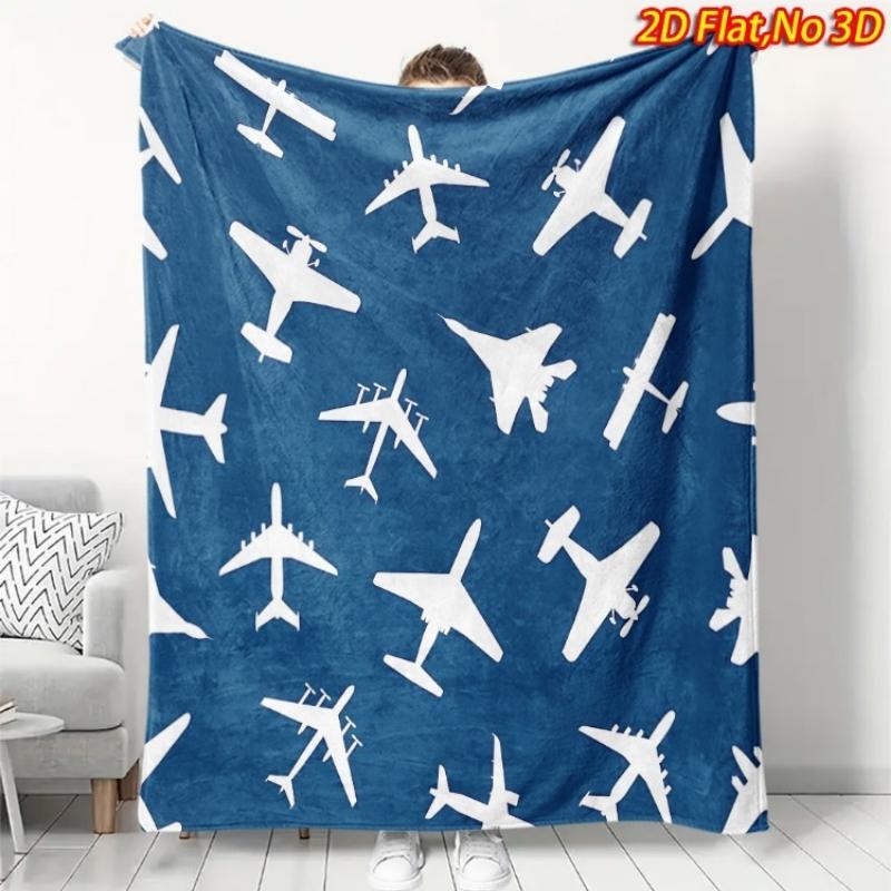 Dunkelblauer Hintergrund Gemischte Flugzeuge Weiße Silhouette Vollflächiger Druck Flauschige Decke, Warm Weich Sofa Luftfahrt Jungen Zuhause Geschenk