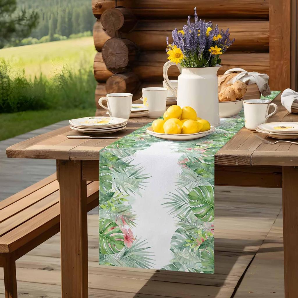 Summer Tropical Monstera Leaf Linen Table Runner Holiday Party Decor Reusable Kitchen Dining Table Runner Wedding Decorations