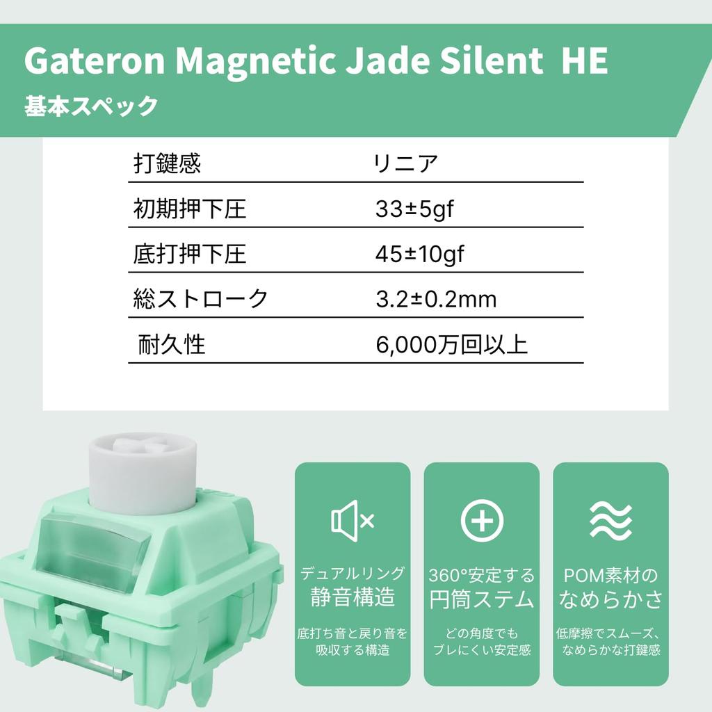 Gateron Magnetic Jade Silent HE Magnetic Key Switches, Silent Linear, 10-Pack, 33gf, Rapid Trigger Compatible, Genuine Japanese Product