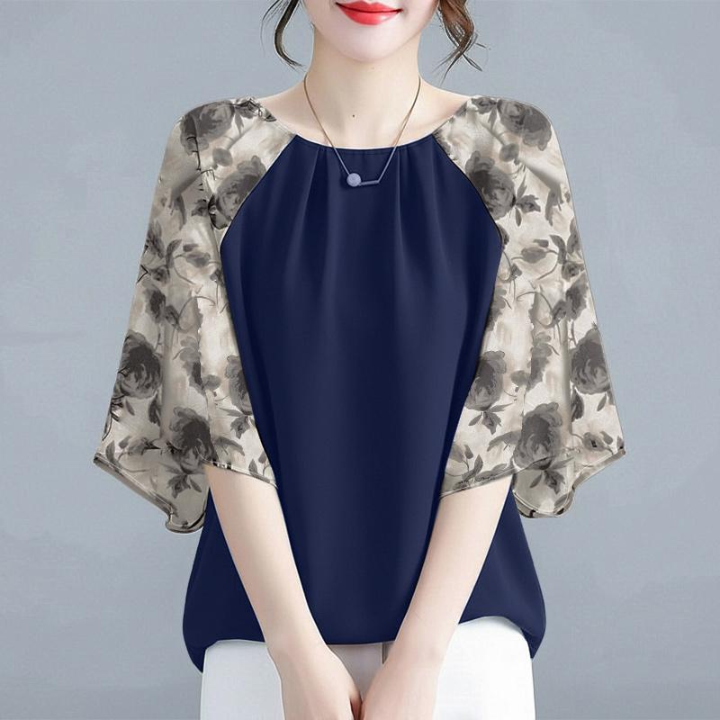 

ZANZEA Женская повседневная блузка с круглым вырезом, принтом, вставками и рукавом 3/4, свободного кроя темно-синий