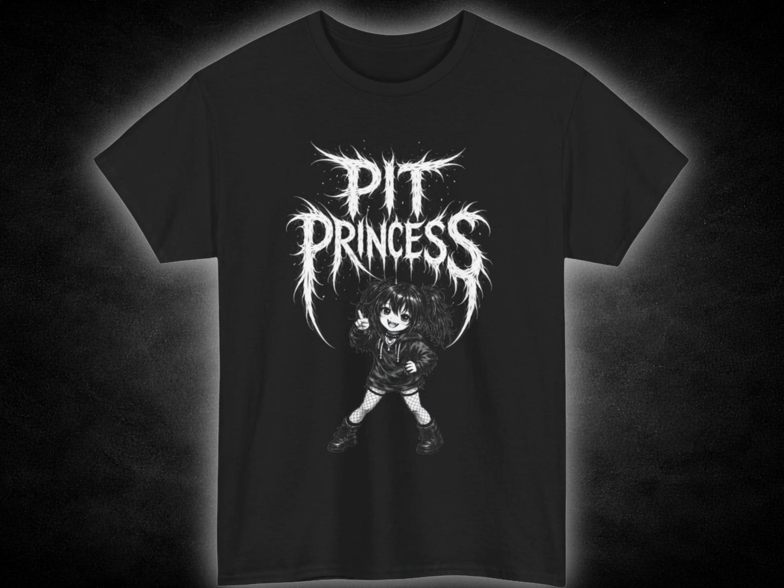 Alternative Chibi Anime character shirt, black band-style design | Pit Princess graphic tee S