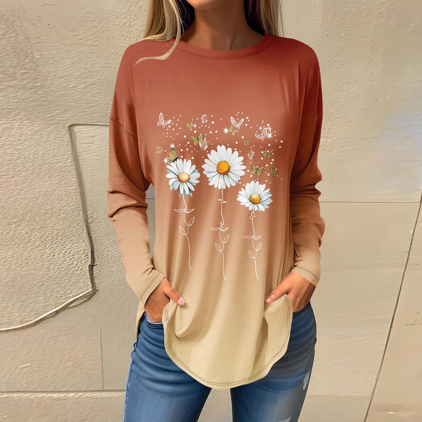 

Жіноча повсякденна футболка з довгим рукавом і круглим вирізом із квітковим принтом XL шафрановий