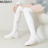 NASBAVI Plain White Round Toe Casual Women Overknees Shoes Winter Square Low Heel Flats Zipper Over-the-knee Stretch Long Boots