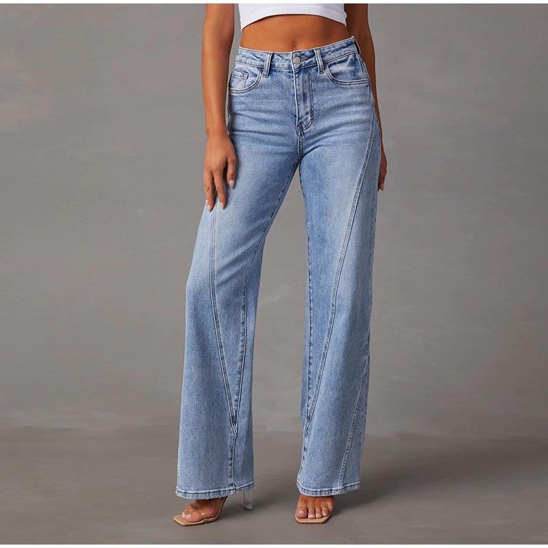 2026 Spring Summer Loose Slim-Fitting Patchwork Wide Leg Women's Jeans Solid Color Denim Pants Trousers Office Lady Jean