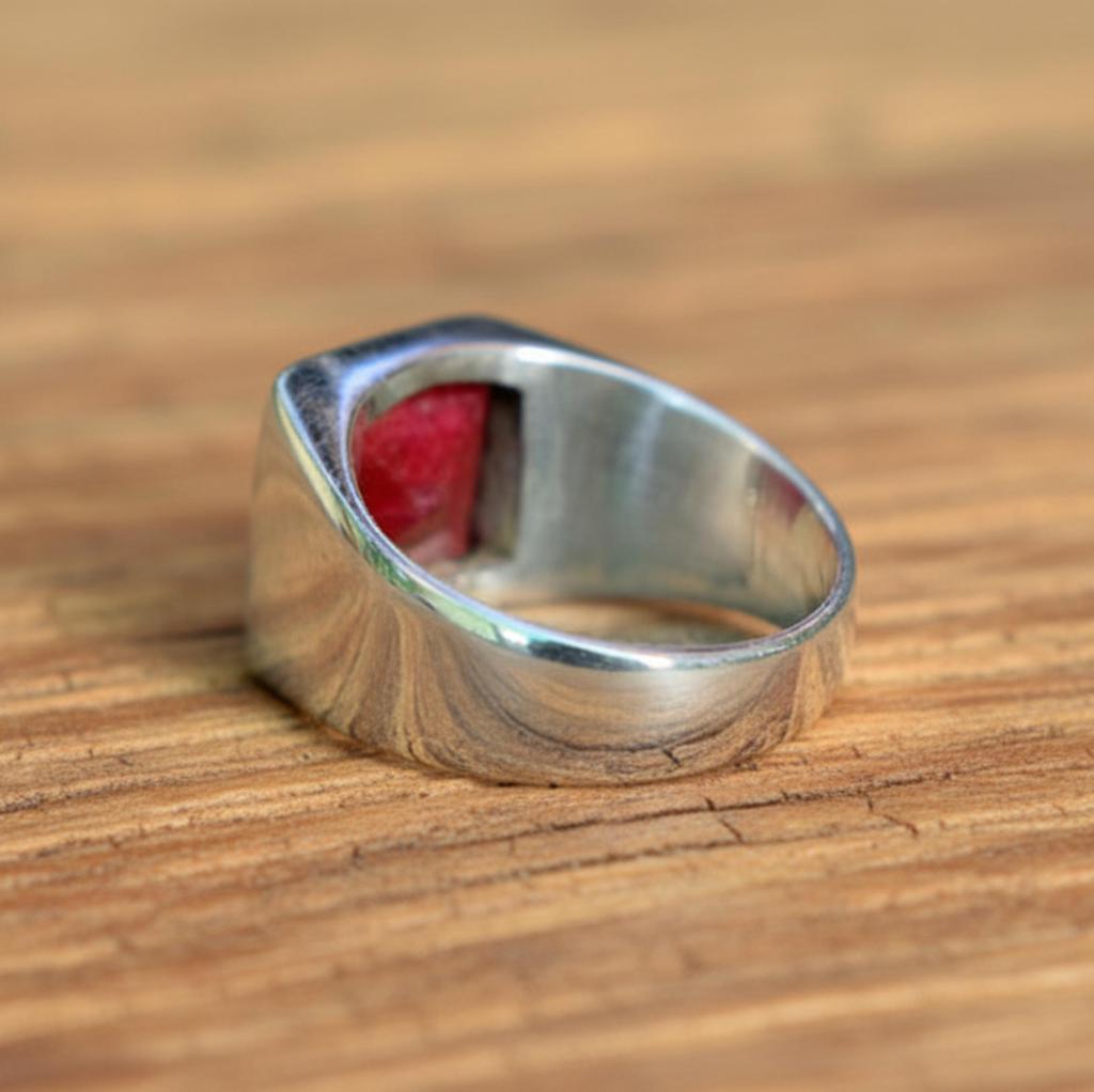 Naturlig Rubin Sigillring, 925 Massiv Sterling Silver, Fyrkantig Sigillring, Smycken för Vardagsbruk för Män Kvinnor