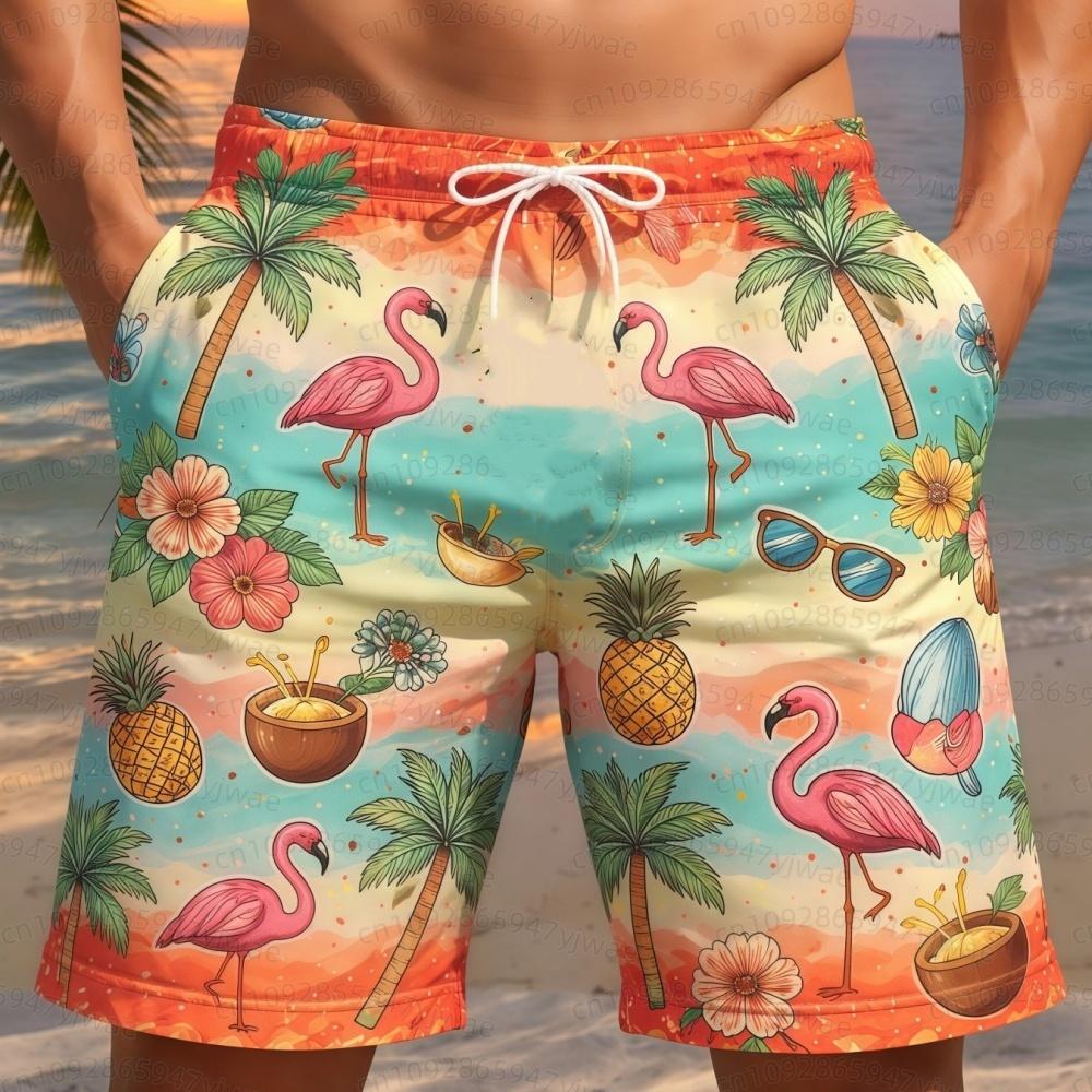 26 Summer Mens Beach Shorts Mens Swim Trunks Flamingo Coconut Tree Print Trunks Elastic Waist 3d Print Men Beach Shorts Pants