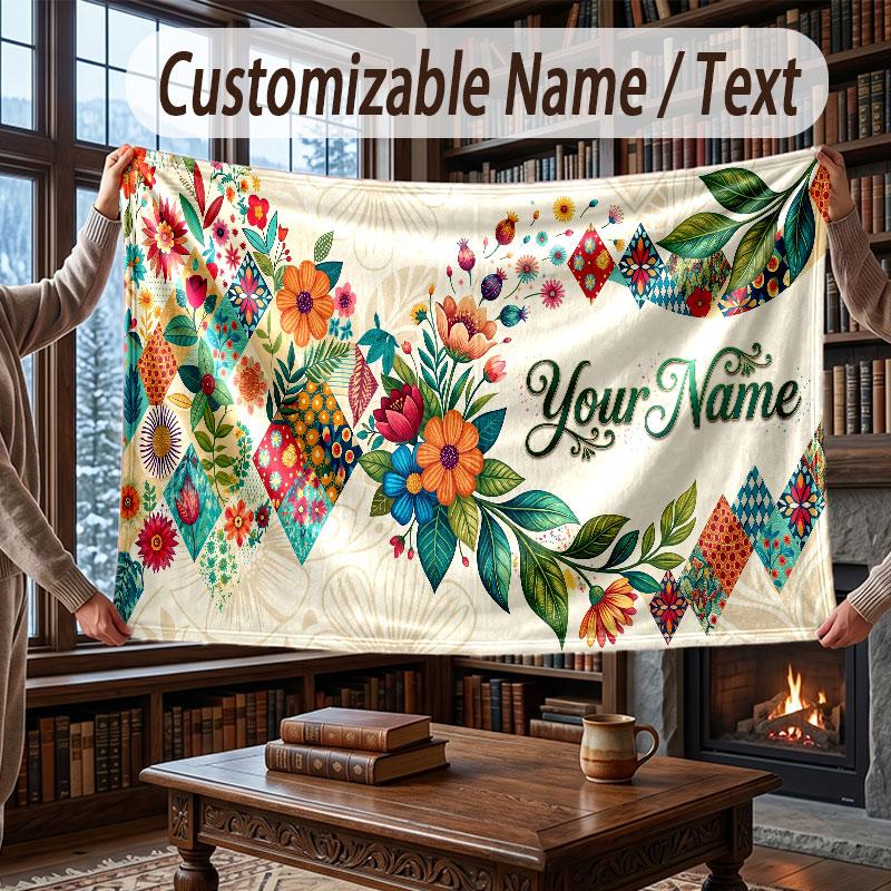 Floral Garden Theme Throw Blanket Custom Name Text Personalized Blanket Soft Cozy Blanket for Home Sofa Bed
