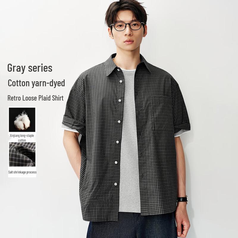 Men s Salt-Shrink Texture Plaid Short-Sleeve Shirt 2XL