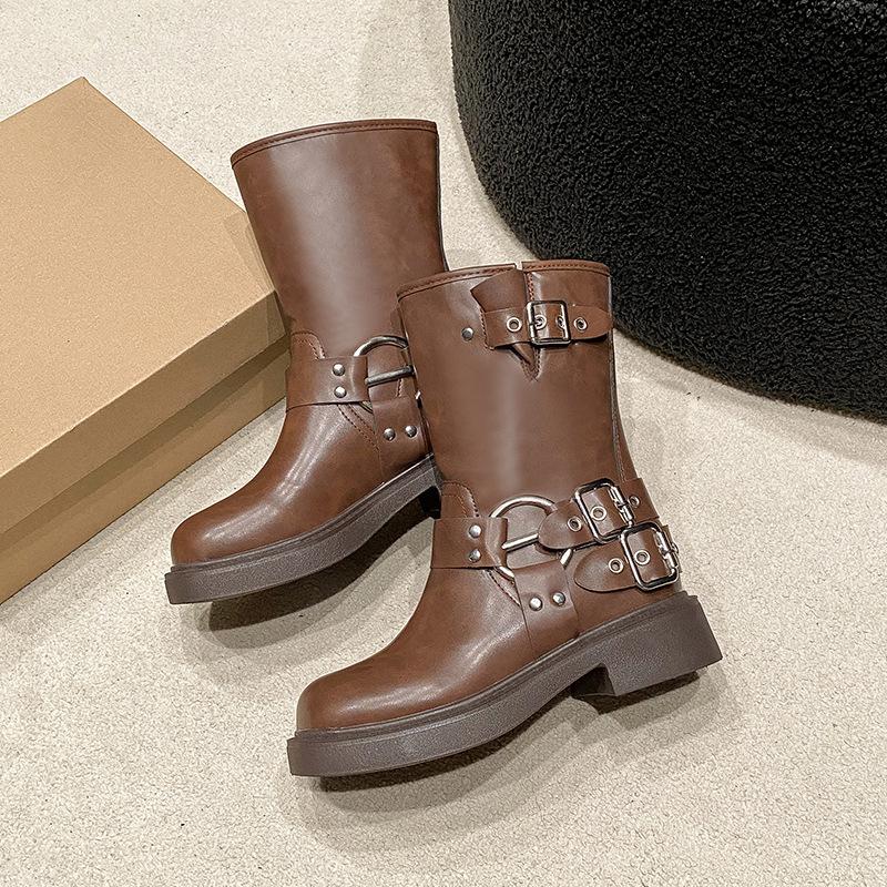 Läder Mocka Vintage Litet Fyrkantigt Huvud Två Bär Vik Tjock Klack Bältesspänne Mellanhöga Stövlar Dam Höst och Vinter Martin Stövlar Korta Stövlar
