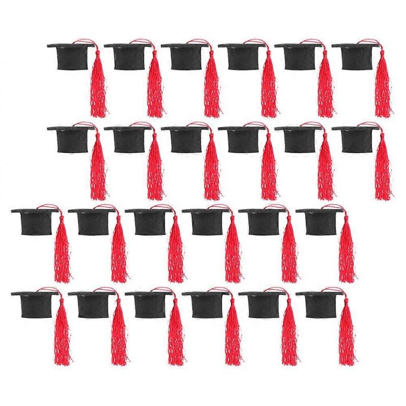 Mini Graduation Hat Bottle Toppers with Tassels for Home Party Decorations Red Felt Cloth 24pcs