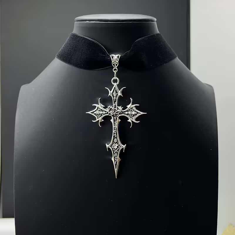 Gothic Black Velvet Choker with Dark Cross Pendant for Halloween Punk Party