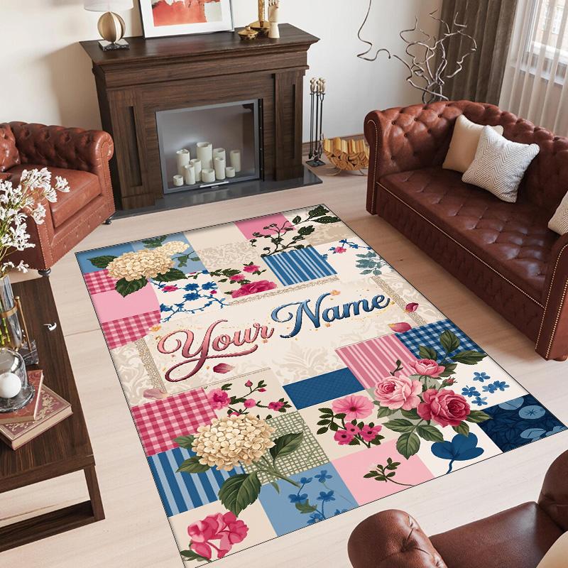Floral Theme Crystal Velvet Rug Personalized Custom Name Text Soft Floor Mat Home Decor