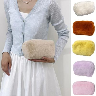 Solid Color Plush Makeup Bag Large Capacity Zipper Portable Multifunction Women Girls