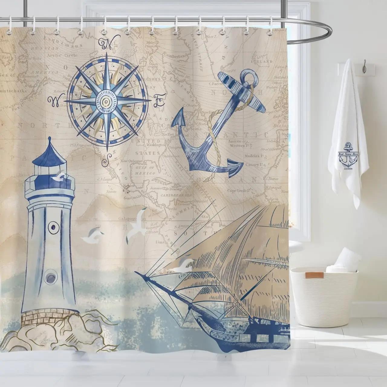 Exquisite Fashion Items Nautical Shower Curtain Sailing Lighthouse Compasses Shower Curtain Bathroom Waterproof Polyester Fabric Decoration