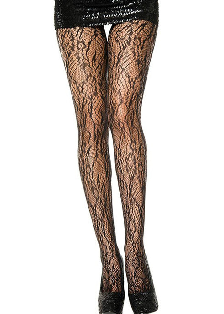 Collant Nylon Fantaisie Noir Ajouré Résille Florale Mh5067 Blk