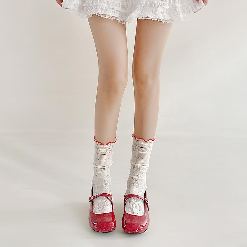 

Чулки в балетном стиле для женщин, летние ажурные кружевные чулки до середины икры с оборками из чёрного гриба, чулки из красного кружева в стиле Сладкая Лолита 1 pair бежевый/красный