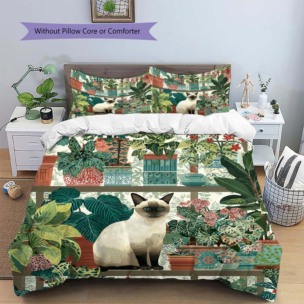 Plant Cat  Pattern Bedding Quilt Set  Home Decoration  Gift (1 * duvet cover + 2 * pillowcase, without core)