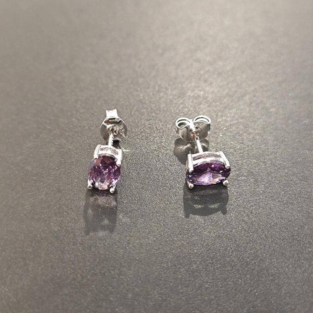 Women's 925 Sterling Silver Earrings Stud Amethyst Oval Purple Earring