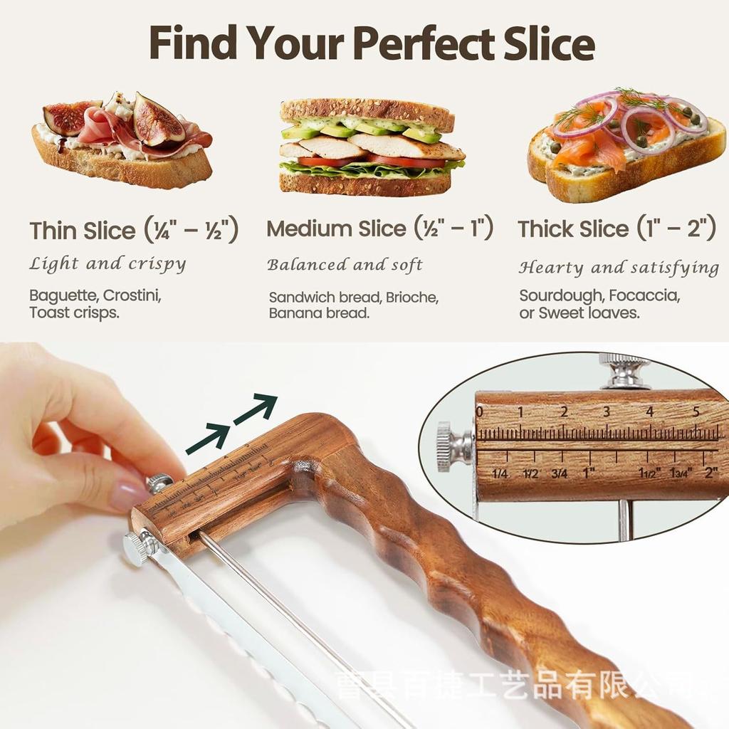 Wooden Bread Slicing Bow Knife - Handheld Serrated Toast Slicer for Homemade Sourdough & Crusty Bread