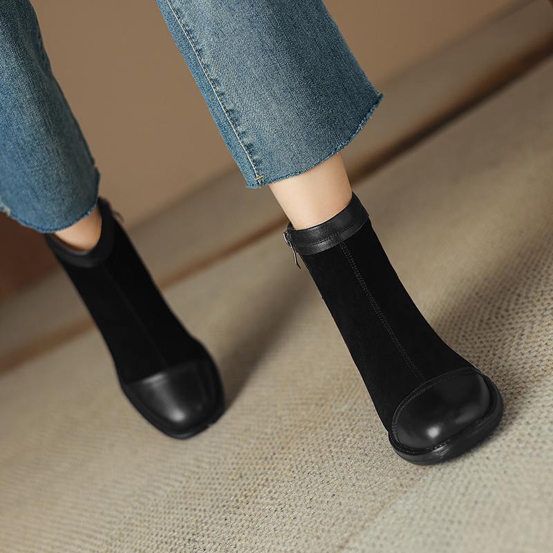 Krazing Pot Cow Skin Cow Suede Winter Square Toe Thick Heels Chelsea Fashion Boots Women Zipper Patch Work Women Ankle Boots